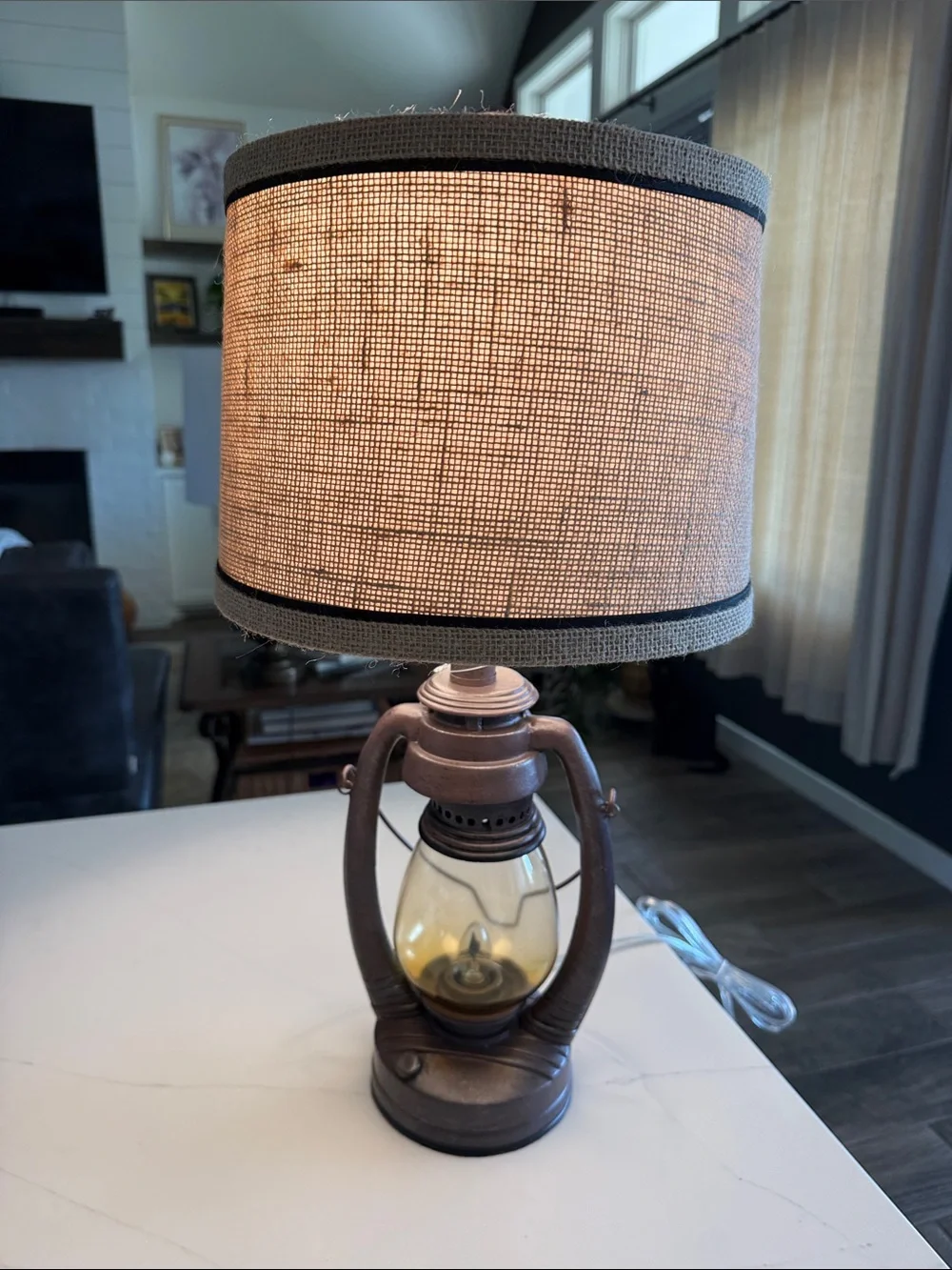 Vintage Rustic Brown Lantern Table Lamp with Beige Burlap Shade